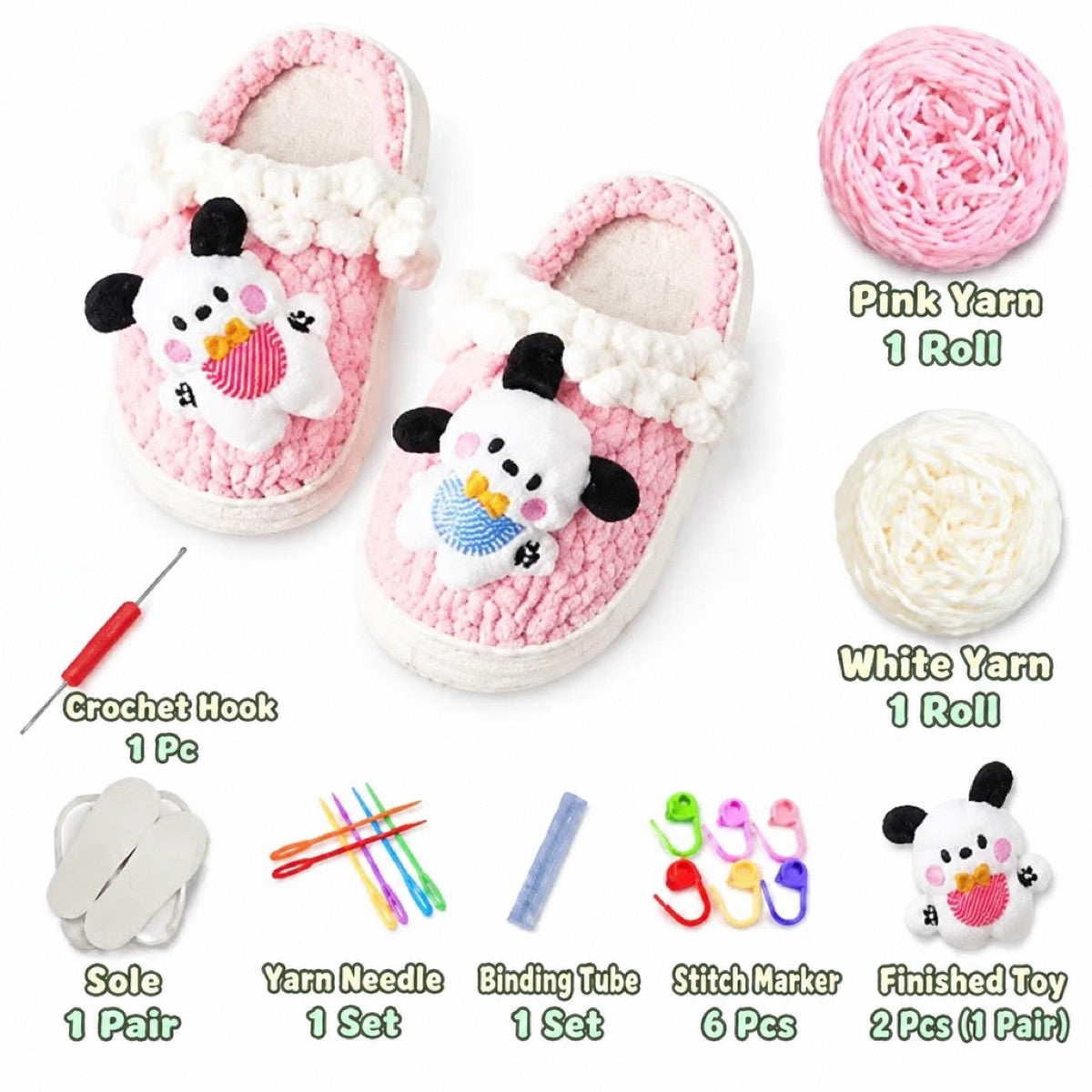 Pink & White DIY crochet slipper kit with yarn, soles, crochet hook and accessories, design A20