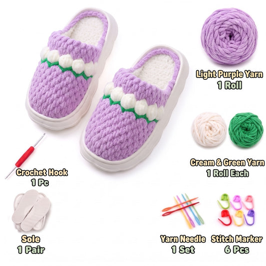 Lilac, Cream & Green DIY crochet slipper kit with yarn, soles, crochet hook and accessories, design A31