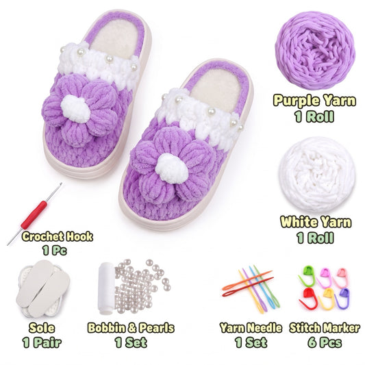 Purple & White DIY crochet slipper kit with yarn, soles, crochet hook and accessories, design A12