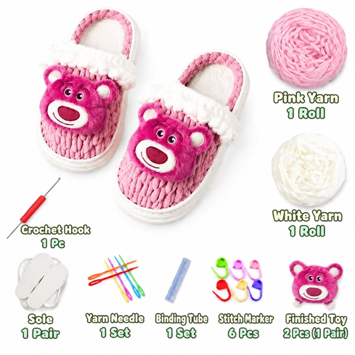 Pink & White DIY crochet slipper kit with yarn, soles, crochet hook and accessories, design A19