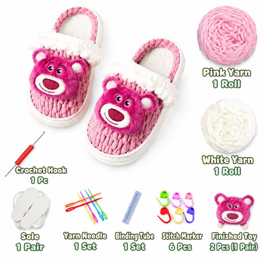 Pink & White DIY crochet slipper kit with yarn, soles, crochet hook and accessories, design A19