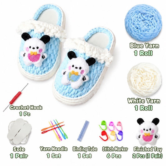 Blue & White DIY crochet slipper kit with yarn, soles, crochet hook and accessories, design A21
