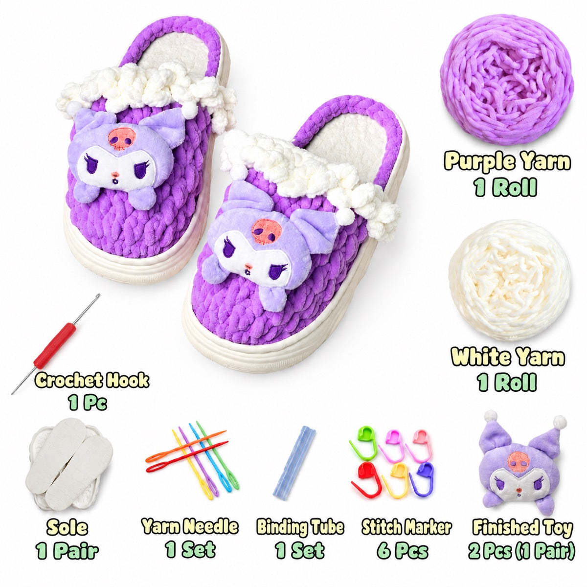 Purple and white crochet slipper kit with yarn, soles, crochet hook, binding tube and stitch markers