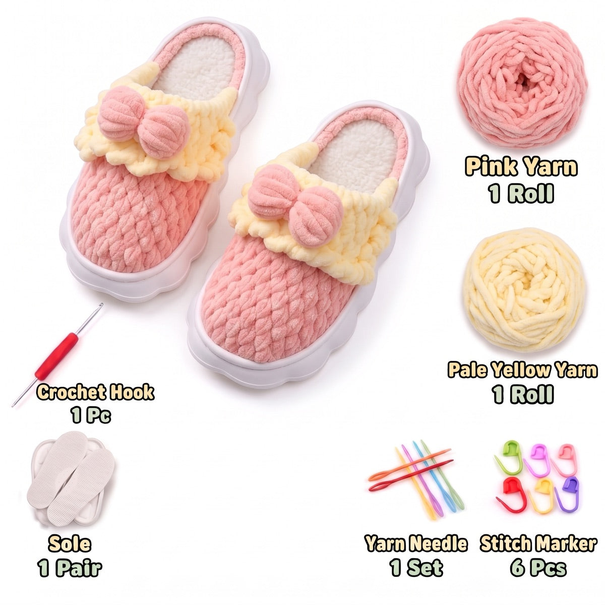 Pink & Pale Yellow DIY crochet slipper kit with yarn, soles, crochet hook and accessories, design A16