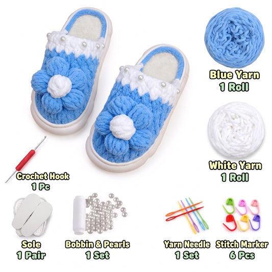Blue & White DIY crochet slipper kit with yarn, soles, crochet hook and accessories, design A13
