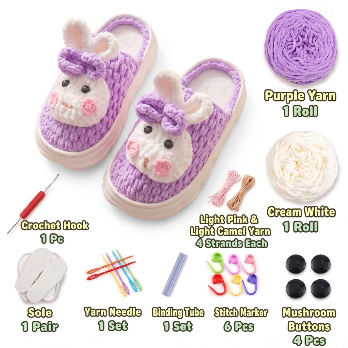 Purple & Pink DIY crochet slipper kit with yarn, soles, crochet hook and accessories, design A29