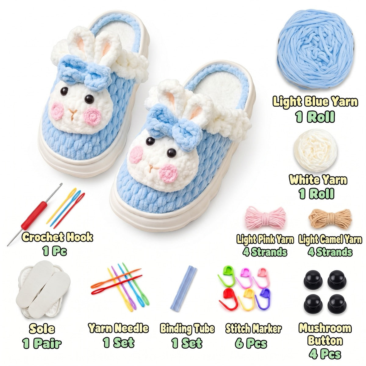 Light Blue & Cream DIY crochet slipper kit with yarn, soles, crochet hook and accessories, design A28