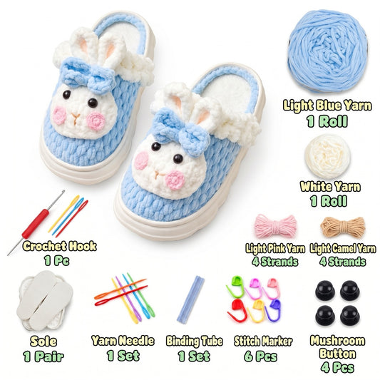 Light Blue & Cream DIY crochet slipper kit with yarn, soles, crochet hook and accessories, design A28