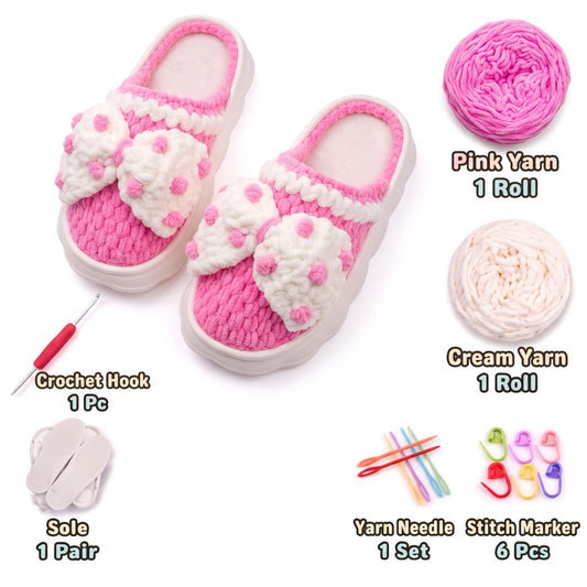 Blush Pink & Cream DIY crochet slipper kit with yarn, soles, crochet hook and accessories, design A44