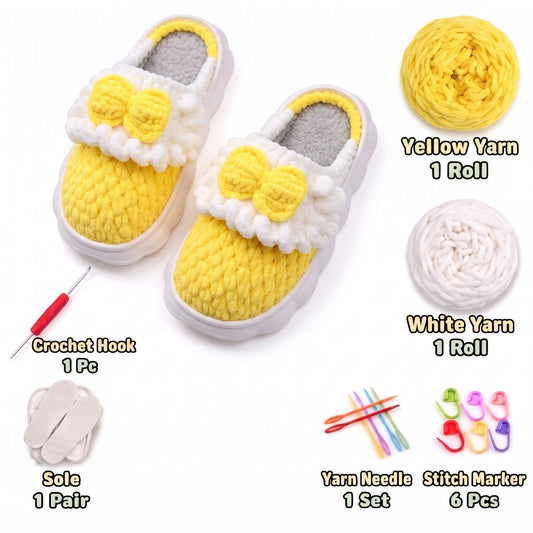 Yellow & White DIY crochet slipper kit with yarn, soles, crochet hook and accessories, design A17