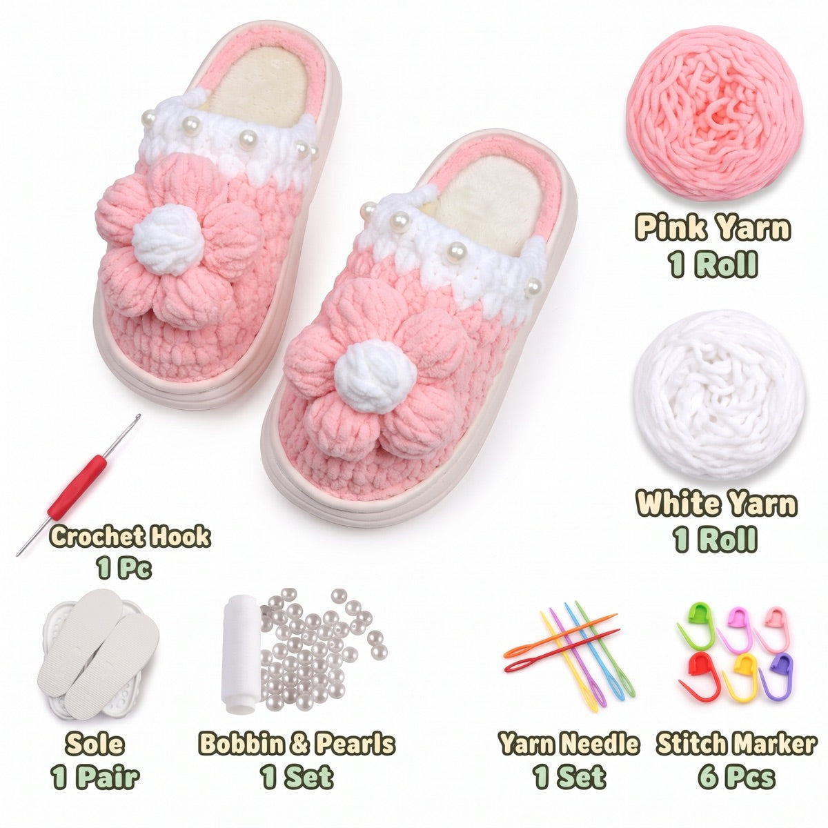 Pink & White DIY crochet slipper kit with yarn, soles, crochet hook and accessories, design A9