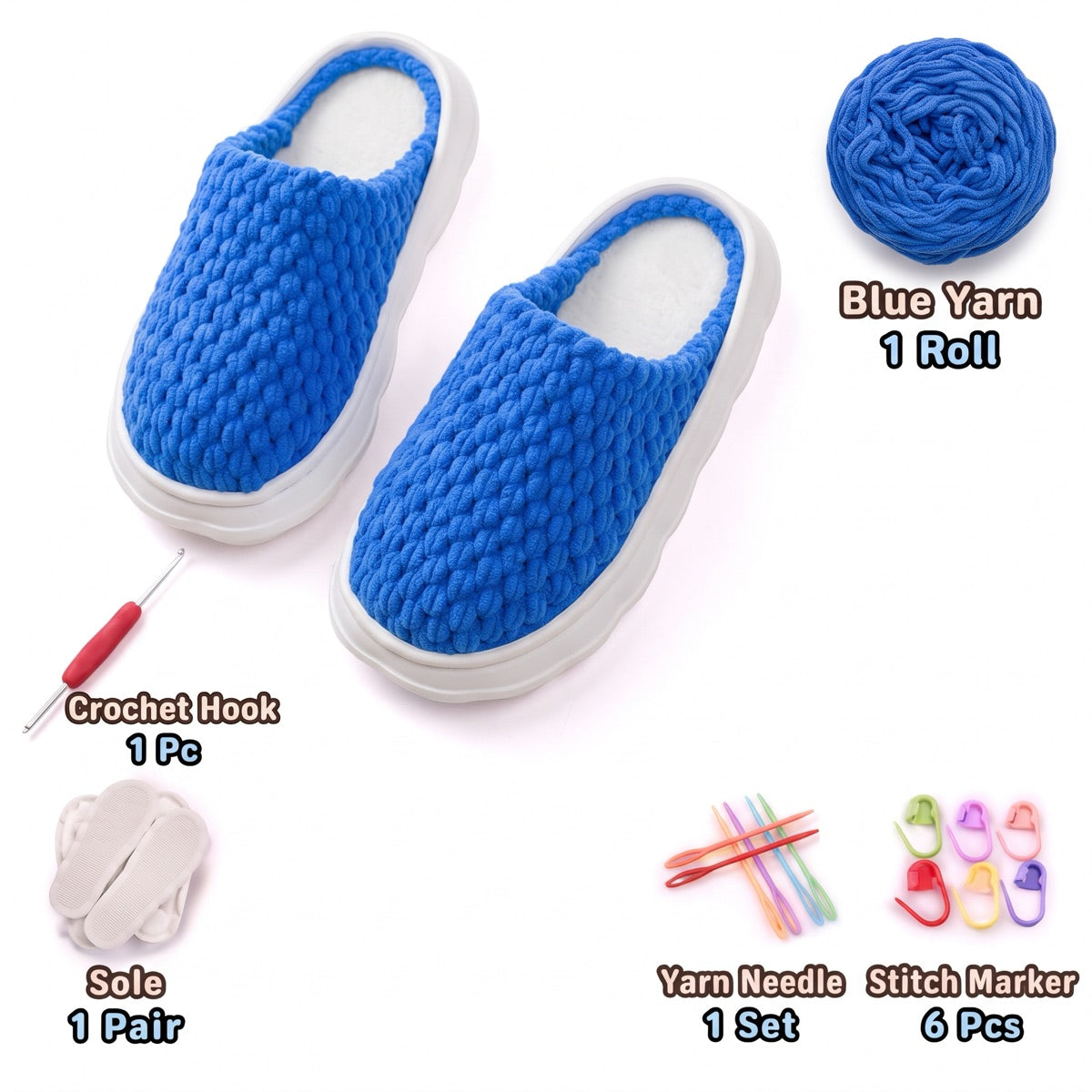 Blue DIY crochet slipper kit with yarn, soles, crochet hook and accessories, design A54