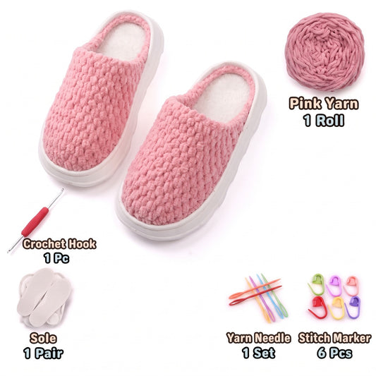 Pink DIY crochet slipper kit with yarn, soles, crochet hook and accessories, design A47