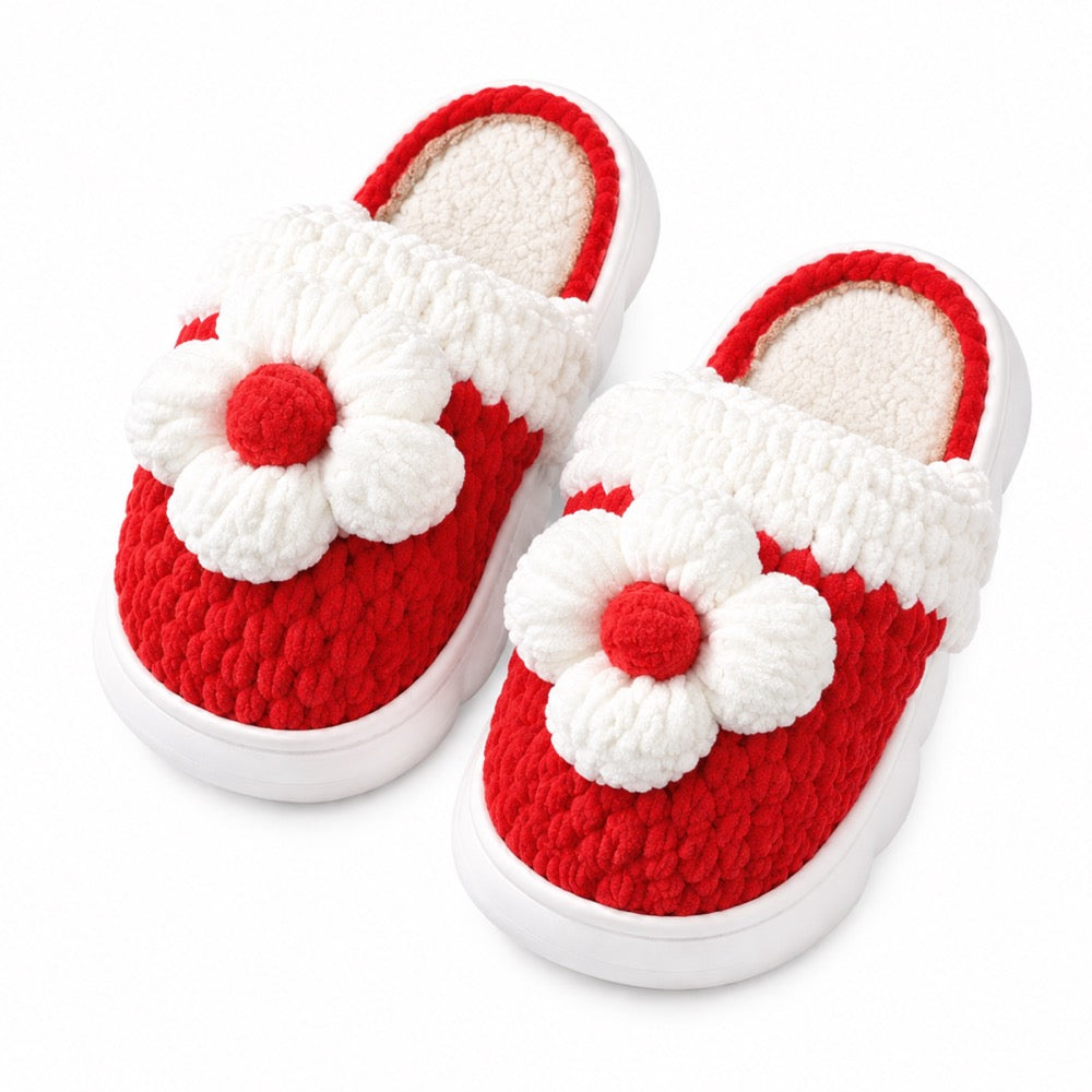 Coral Red Knit-Look Plush Slippers – Soft Cushioned House Shoes, product photo 2 of 5