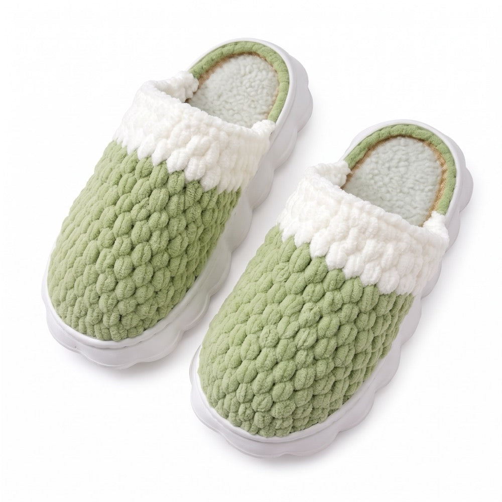 Olive Green Knit-Look Plush Slippers – Soft Cushioned House Shoes, product photo 2 of 5