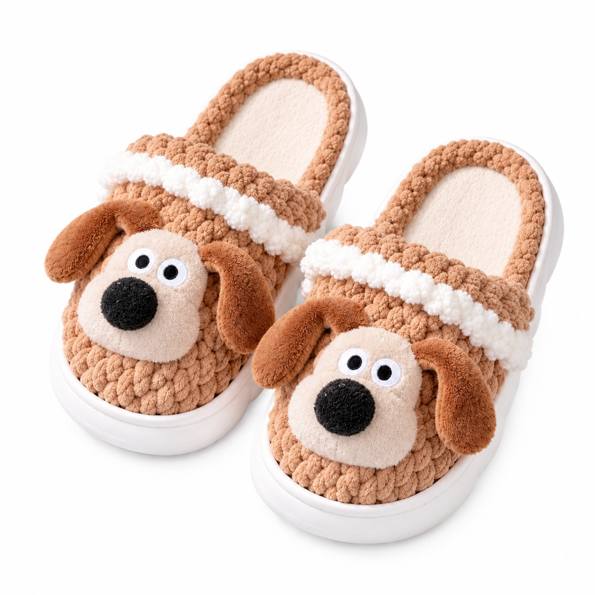 Brown Dog Knit-Look Plush Slippers – Cozy Cute House Shoes
