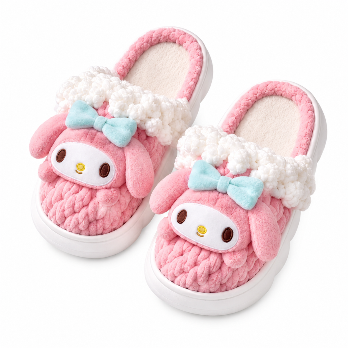 Pink Bunny Knit-Look Plush Slippers – Cute Cozy House Shoes for Women