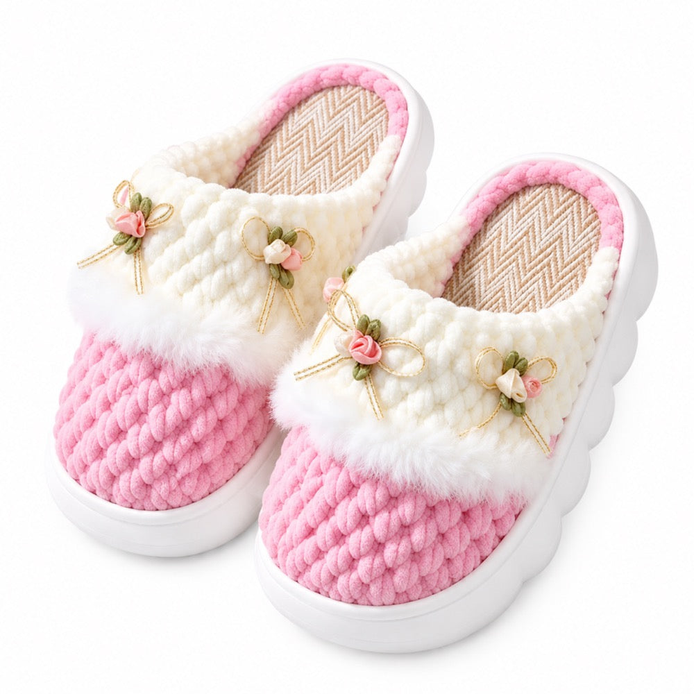 Blush Pink Knit-Look Plush Slippers – Soft Cushioned House Shoes, product photo 2 of 5