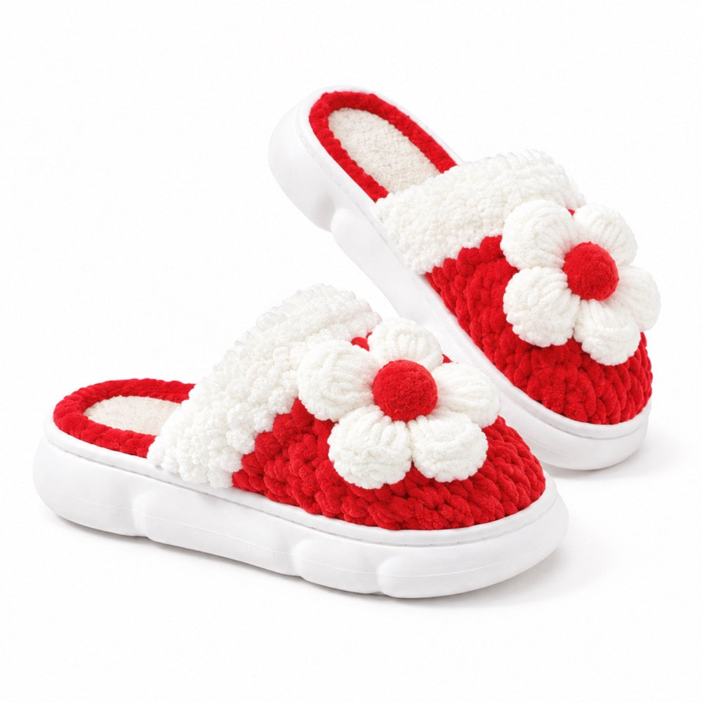 Coral Red Knit-Look Plush Slippers – Soft Cushioned House Shoes, product photo 3 of 5