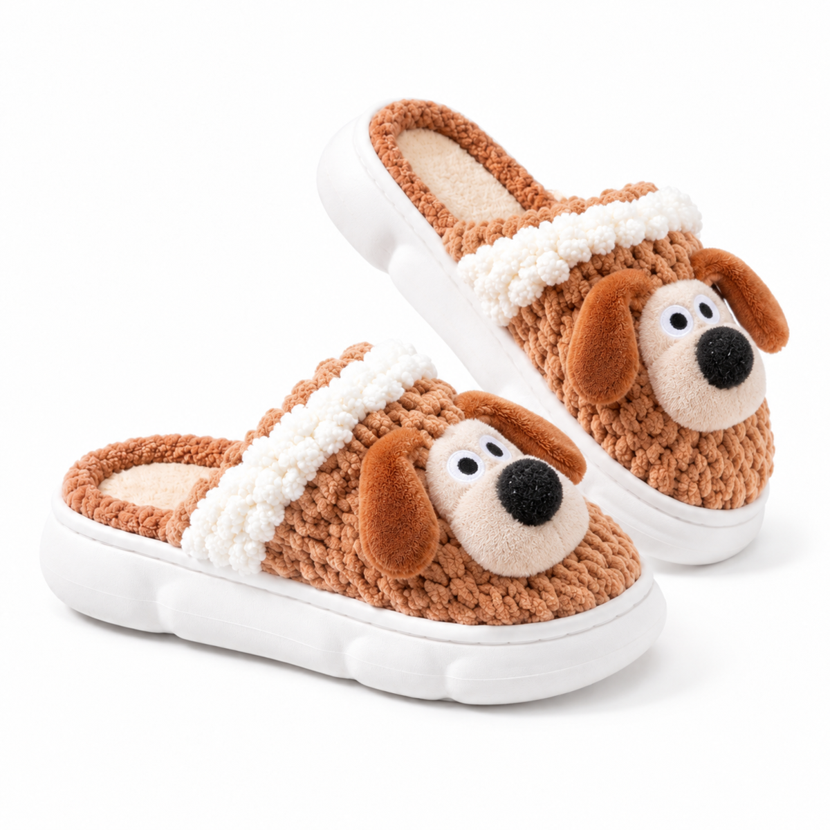 Brown Dog Knit-Look Plush Slippers – Cozy Cute House Shoes