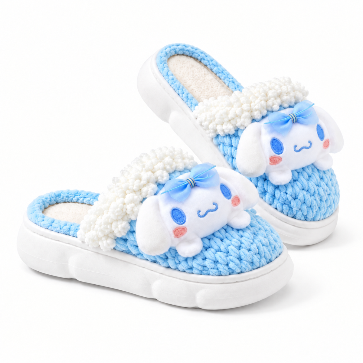 Sky Blue Puppy Plush Slippers – Cozy Knit-Look House Shoes