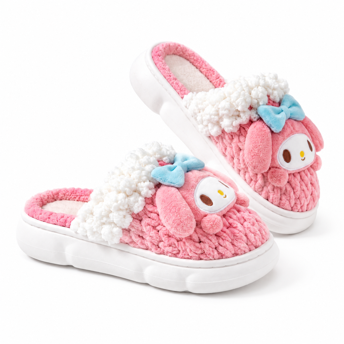 Pink Bunny Knit-Look Plush Slippers – Cute Cozy House Shoes for Women