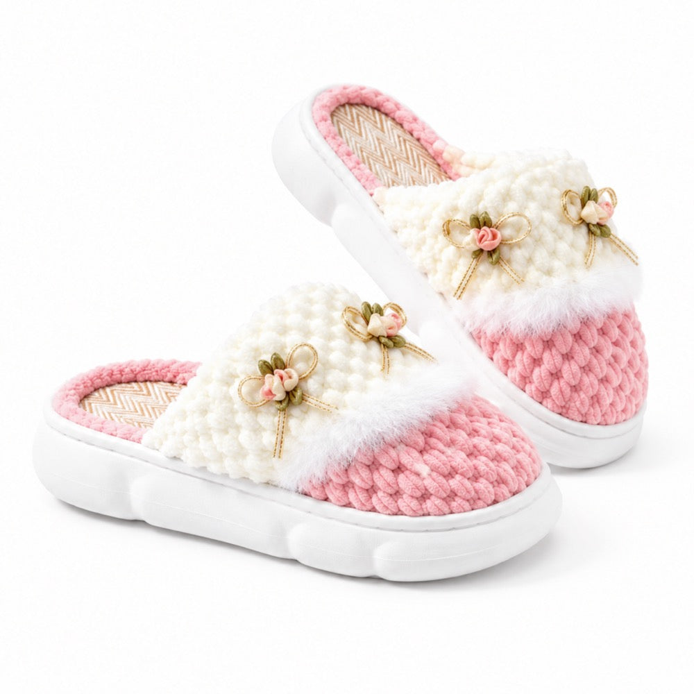 Blush Pink Knit-Look Plush Slippers – Soft Cushioned House Shoes, product photo 3 of 5