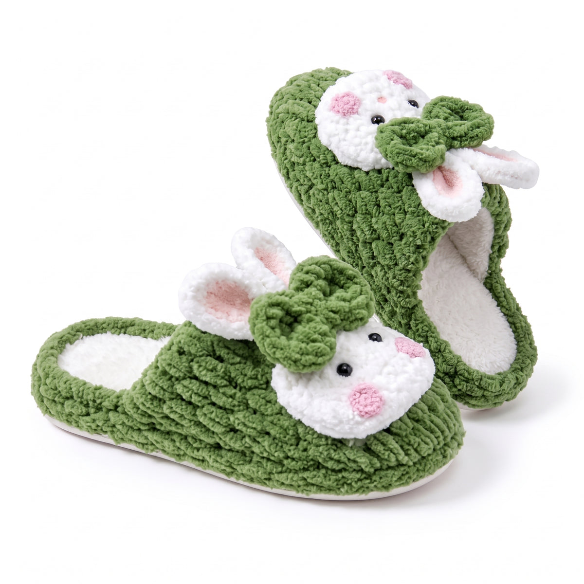 Olive Knit-Look Plush Slippers – Soft Cushioned House Shoes, product photo 4 of 5