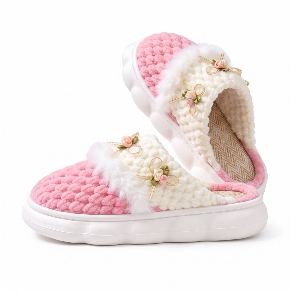 Blush Pink Knit-Look Plush Slippers – Soft Cushioned House Shoes, product photo 4 of 5