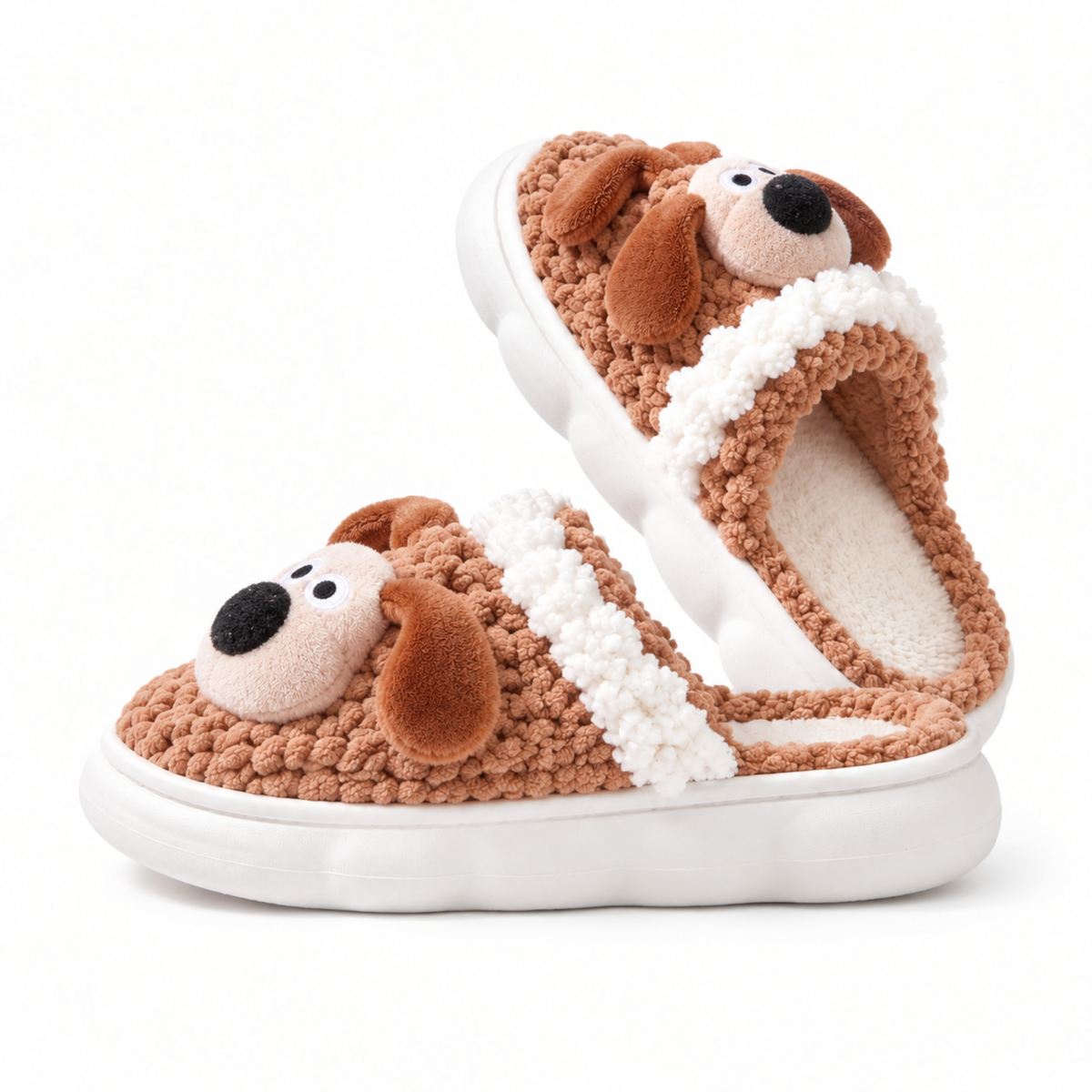 Brown Dog Knit-Look Plush Slippers – Cozy Cute House Shoes