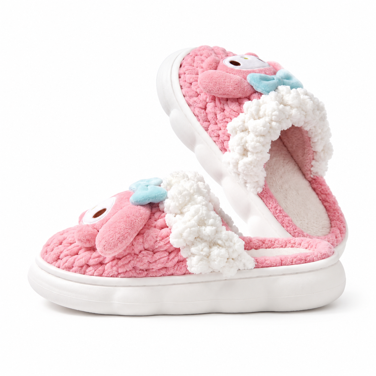 Pink Bunny Knit-Look Plush Slippers – Cute Cozy House Shoes for Women