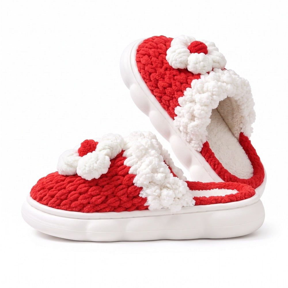Coral Red Knit-Look Plush Slippers – Soft Cushioned House Shoes, product photo 4 of 5