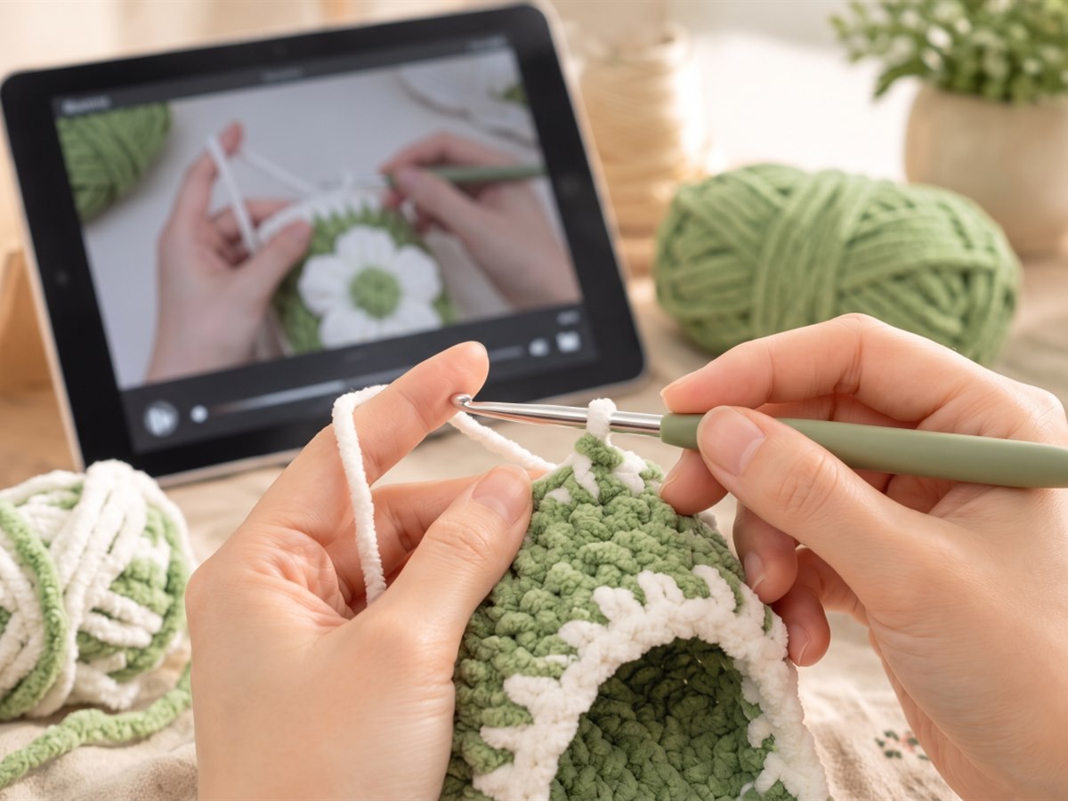 Crocheting a slipper while following a video