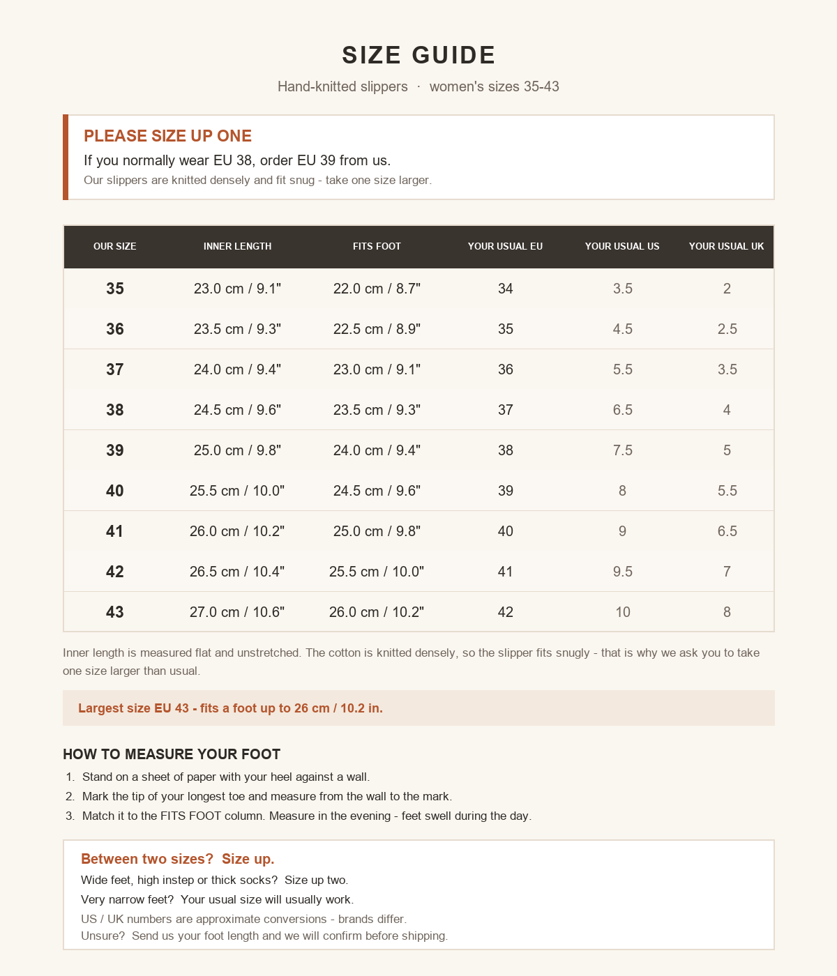 Hooksole slipper size guide with EU sizes 35 to 43, inner lengths, foot length conversions and measuring instructions